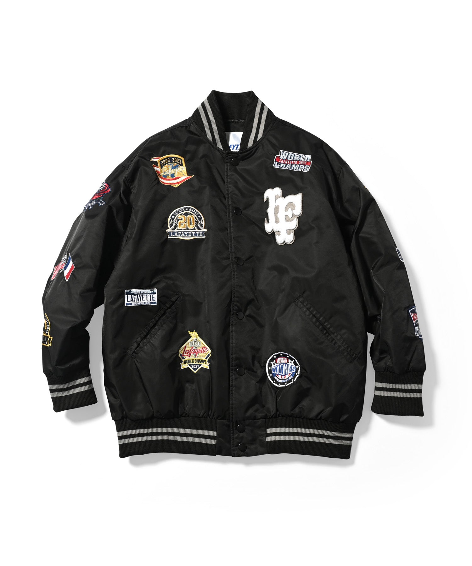 LFYT All Over Emblem Stain Varsity Jacket